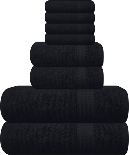 Ultra Soft 8-Piece Towel Set - 100% Pure Ringspun Cotton, Contains 2 Oversized Bath Towels 27X54, 2 Hand Towels 16X28, 4 Wash Cloths 13X13 - Ideal for Everyday Use, Hotel & Spa - Black