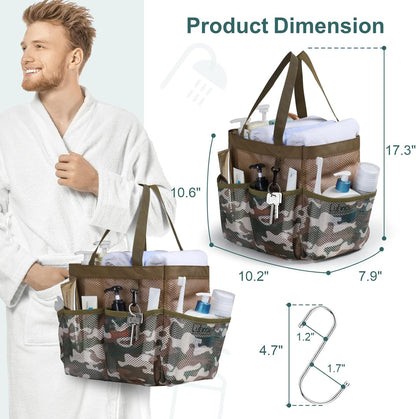 Shower Caddy Portable - Mesh Shower Caddy Bag Basket Tote for College Dorm Room Essentials Bathroom Gym Camp Quick Dry Shower Bags for Women Men with S Hook, Brown Camouflage