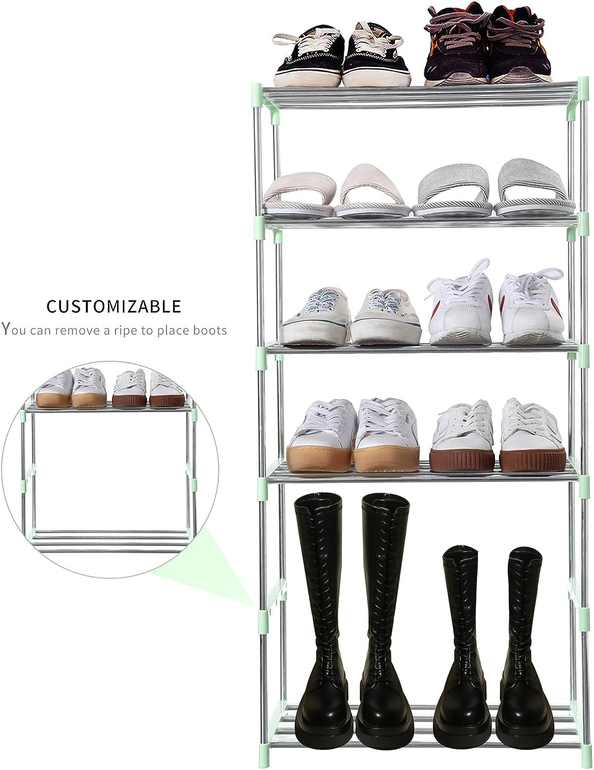 Stackable Small Shoe Rack, Entryway, Hallway and Closet Space Saving Storage and Organization (4-Tier, Green)