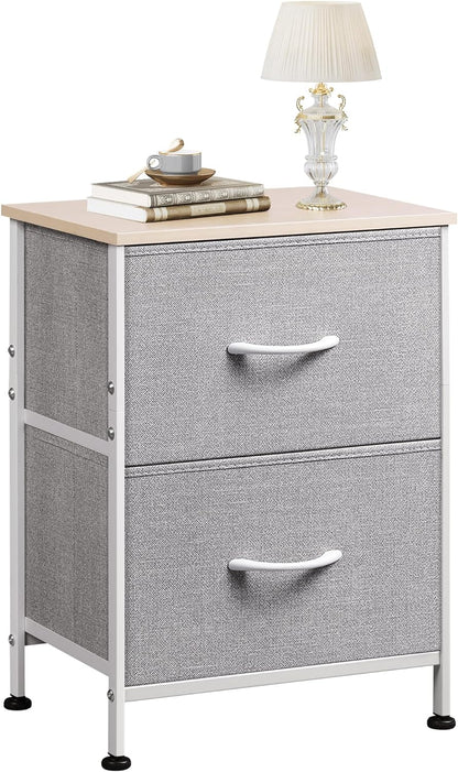 Night Stand, Gray Nightstand with 2 Fabric Drawers, Small Dresser for Bedroom, Closet, College Dorm, End Table Side Furniture, Wood Top, Light Grey