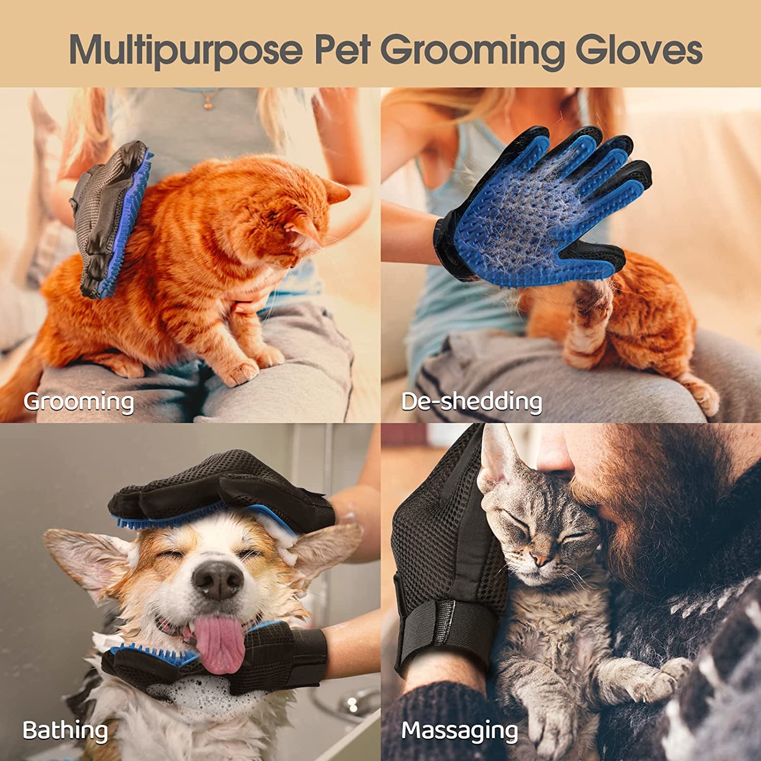 Upgrade Pet Grooming Gloves Cat Brushes for Gentle Shedding - Efficient Pets Hair Remover Mittens - Dog Washing Gloves for Long and Short Hair Dogs & Cats & Horses - 1 Pair (Blue)