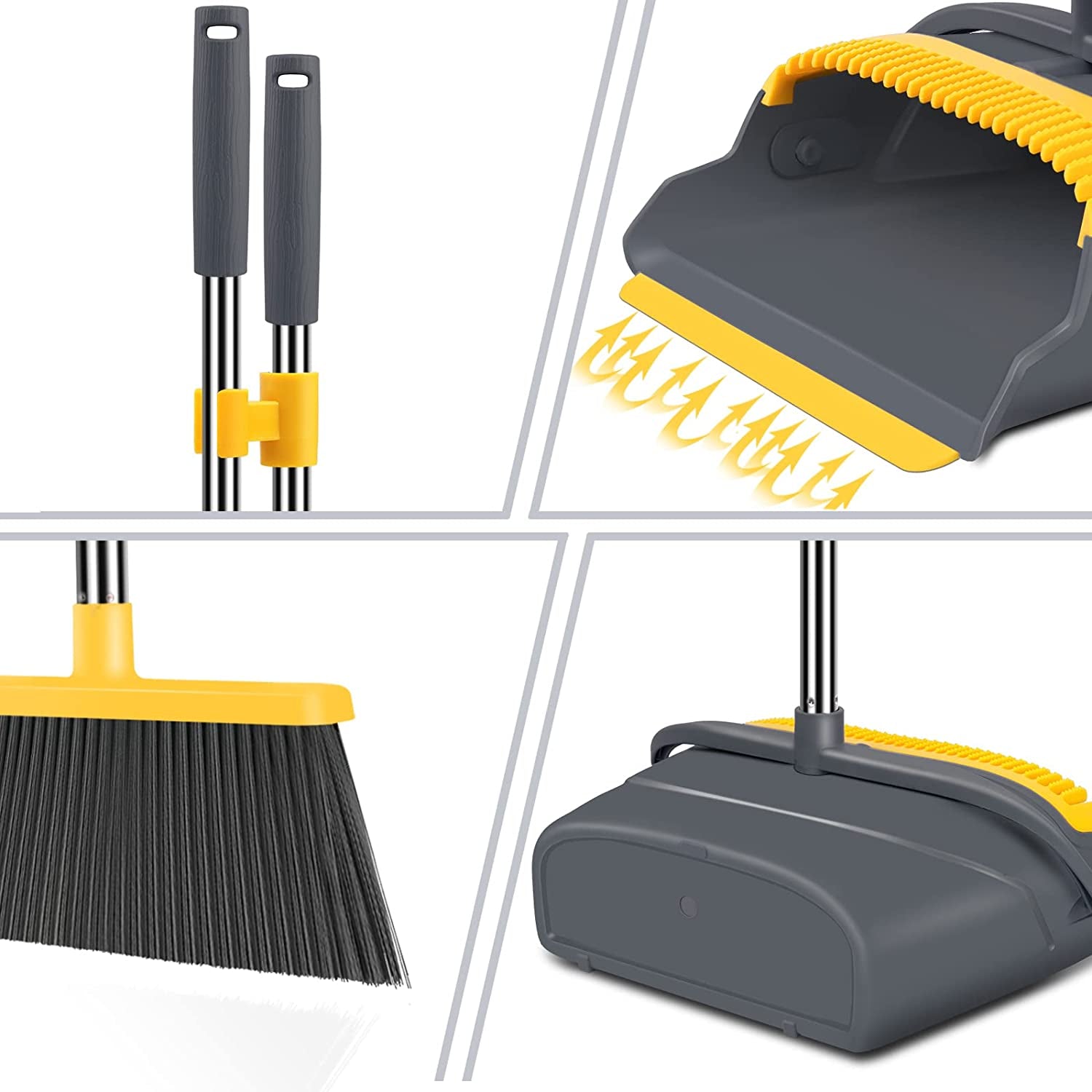 Broom and Dustpan Set for Home，Broom and Dustpan Set, Broom Dustpan Set, Broom and Dustpan Combo for Office, Indoor&Outdoor Sweeping, Stand up Broom and Dustpan (Gray&Yellow)