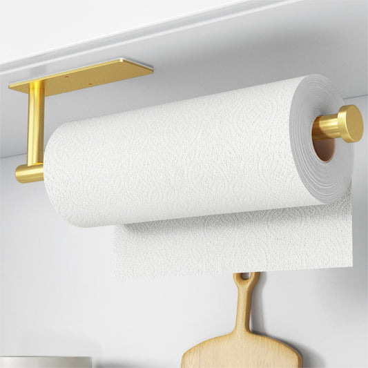 Paper Towel Holder - Self-Adhesive or Drilling, Gold Wall Mounted Paper Towel Rack for Kitchen, SUS304 Stainless Steel Kitchen Roll Holder under Cabinet