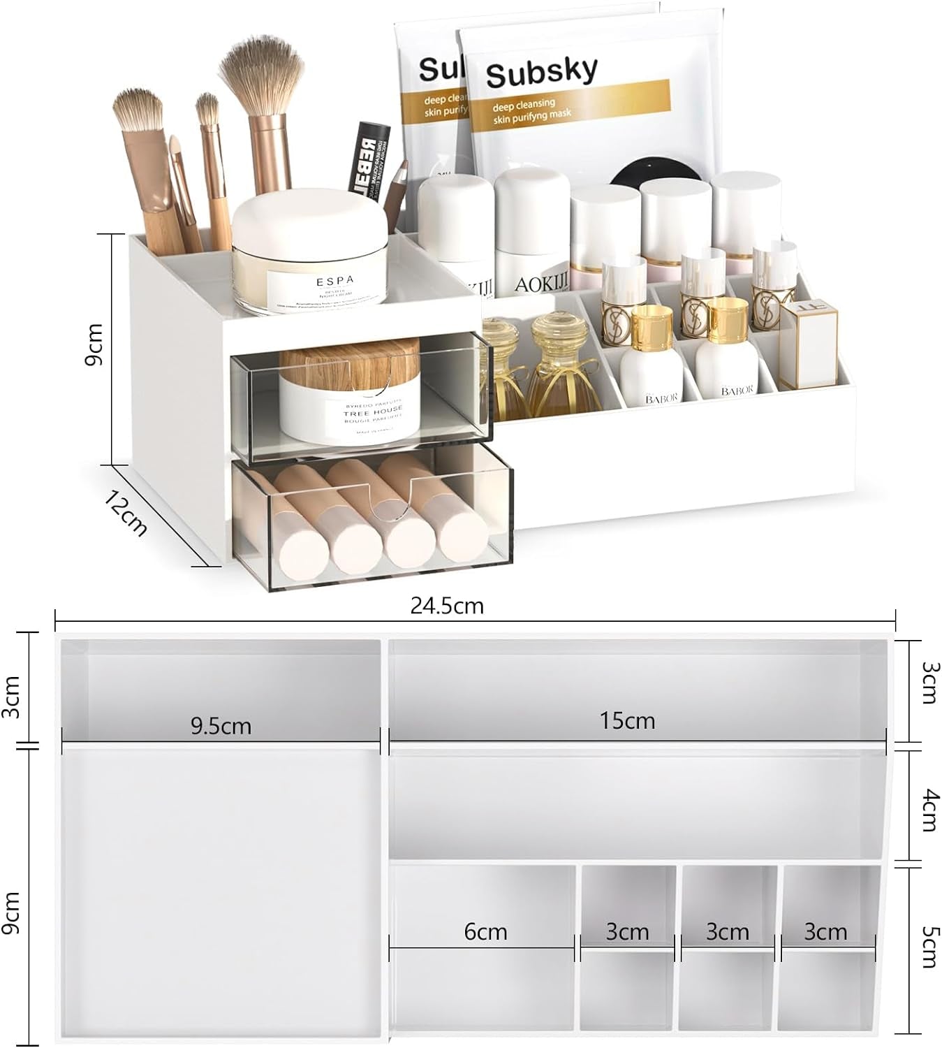 Makeup Organizer with Drawers, Easy Storage for Beauty Products Brushes, Multifunction Plastic Desk Organizer, Cosmetics Organizer for Countertop Dresser Vanity and Bathroom (White)