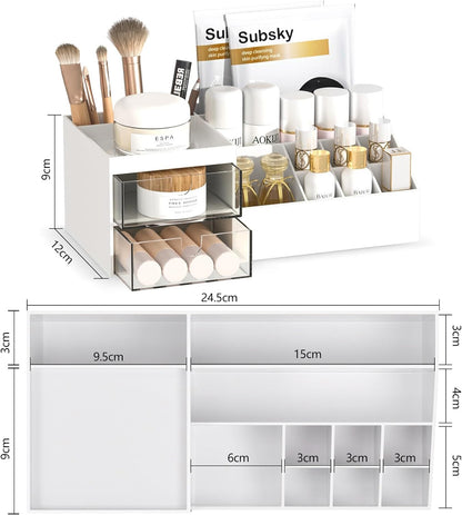 Makeup Organizer with Drawers, Easy Storage for Beauty Products Brushes, Multifunction Plastic Desk Organizer, Cosmetics Organizer for Countertop Dresser Vanity and Bathroom (White)