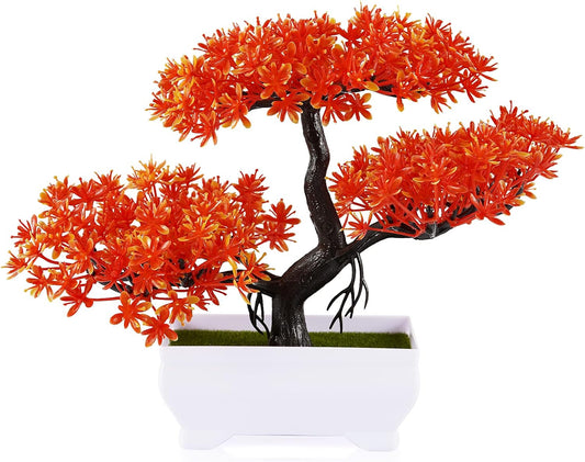 Mini Artificial Bonsai Tree Plants with Plastic Cement Pots for Home Office Décor (Orange)