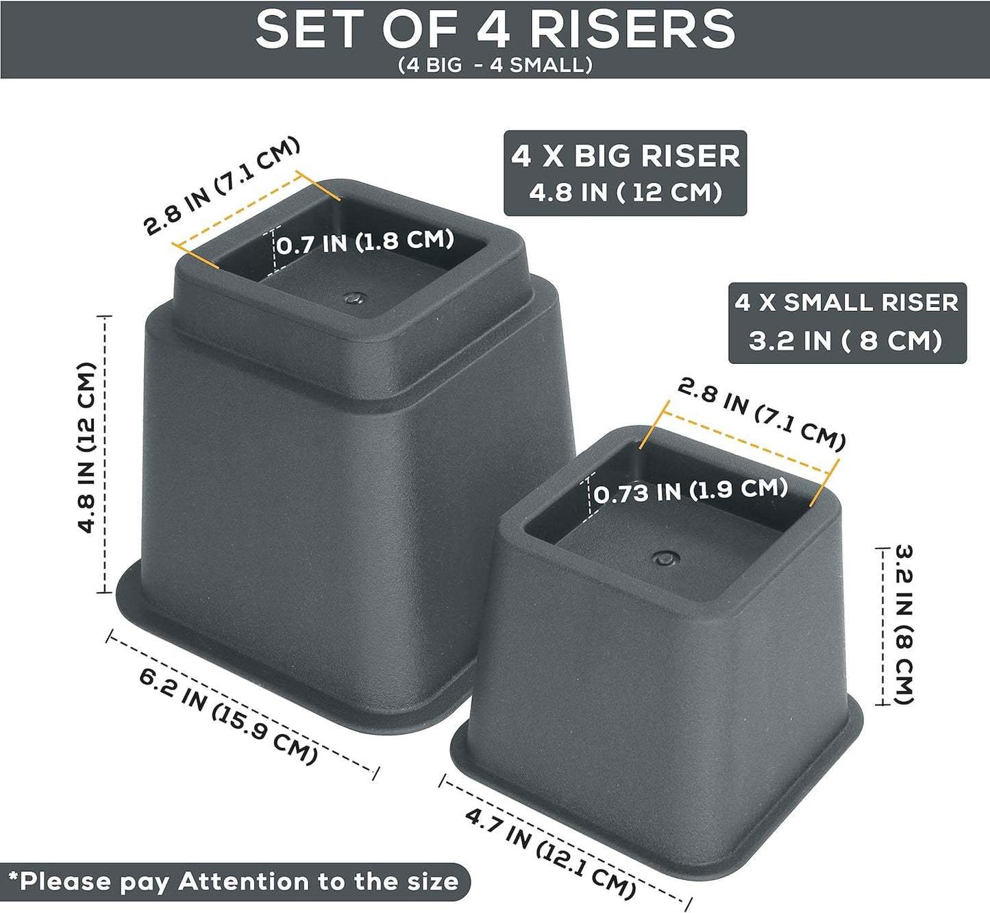 Adjustable Bed Furniture Risers - Elevation in Heights 3, 5 or 8 Inch Heavy Duty Risers for Beds - Supports up to 1,300 Lbs - (Set of 4 Riser, Grey)