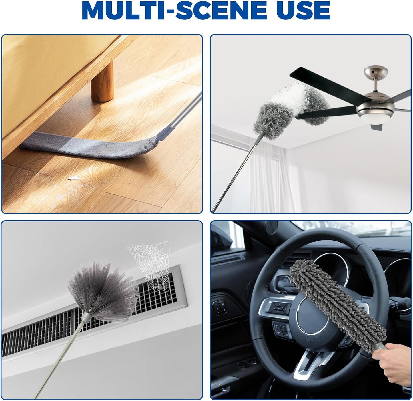 9Pcs Dusters for Cleaning Kit, Extendable Microfiber Duster Tools with 100" Long Pole, Retractable Gap Bendable Dust Cleaner, Reusable Washable Cleaning Supplie for Ceiling Fan Furniture Cars and Home