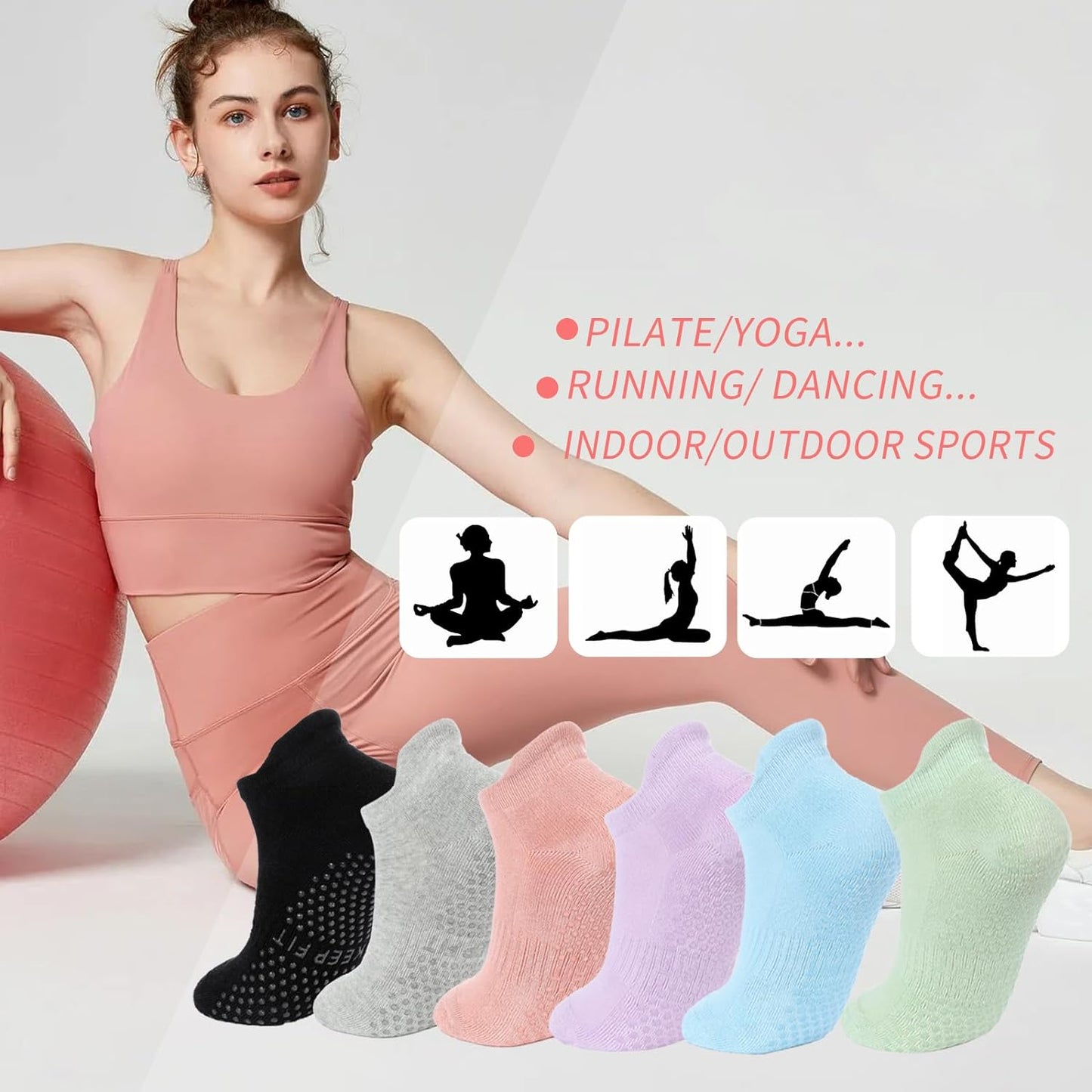 Grip Yoga Pilates Socks Non Slip Barre Athletic Socks with Grips for Women