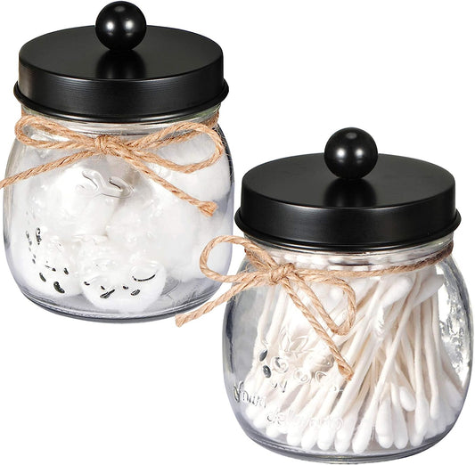 Apothecary Jars Set,Mason Jar Decor Bathroom Vanity Storage Organizer Canister,Premium Glass Qtip Holder Dispenser for Cotton Swabs,Ball-Stainless Steel Lid (Black, 2-Pack)