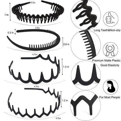 8 PCS Fashion No Slip Effortless Plastic Headbands with Teeth Comb Black Skinny Hair Bands for Women Men Teen Girls, Matte Black