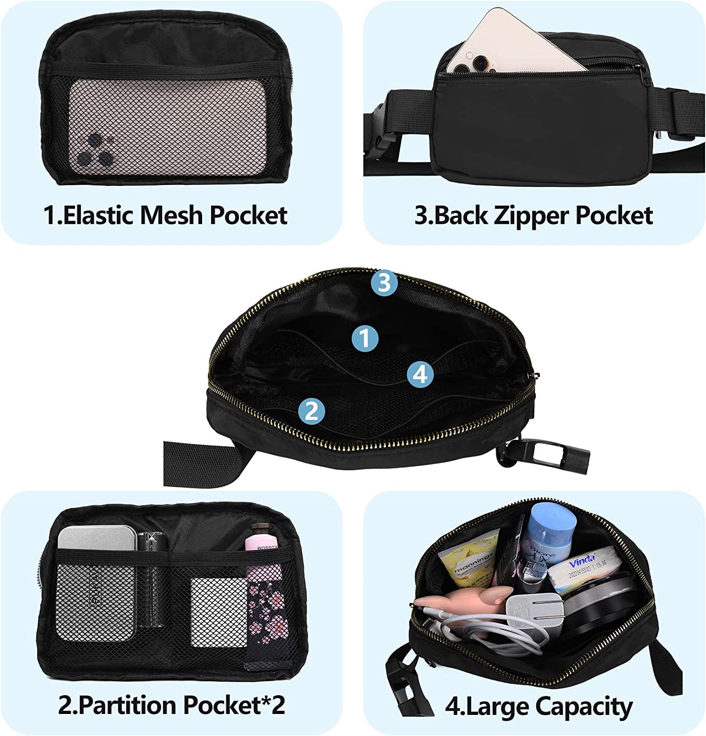 Waist Pack for Running Fanny Pack for Women and Men Crossbody Belt Bag Bum Bag with Adjustable Strap for Sports Black