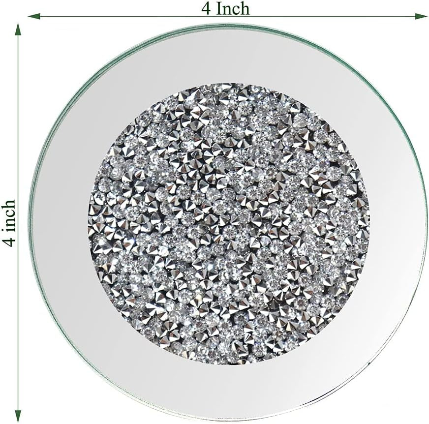 Glass Mirrored Coaster 4 PC, Crushed Diamond round 4" Cup Mat Decor on Tabletop for Bar Tools Dining Table