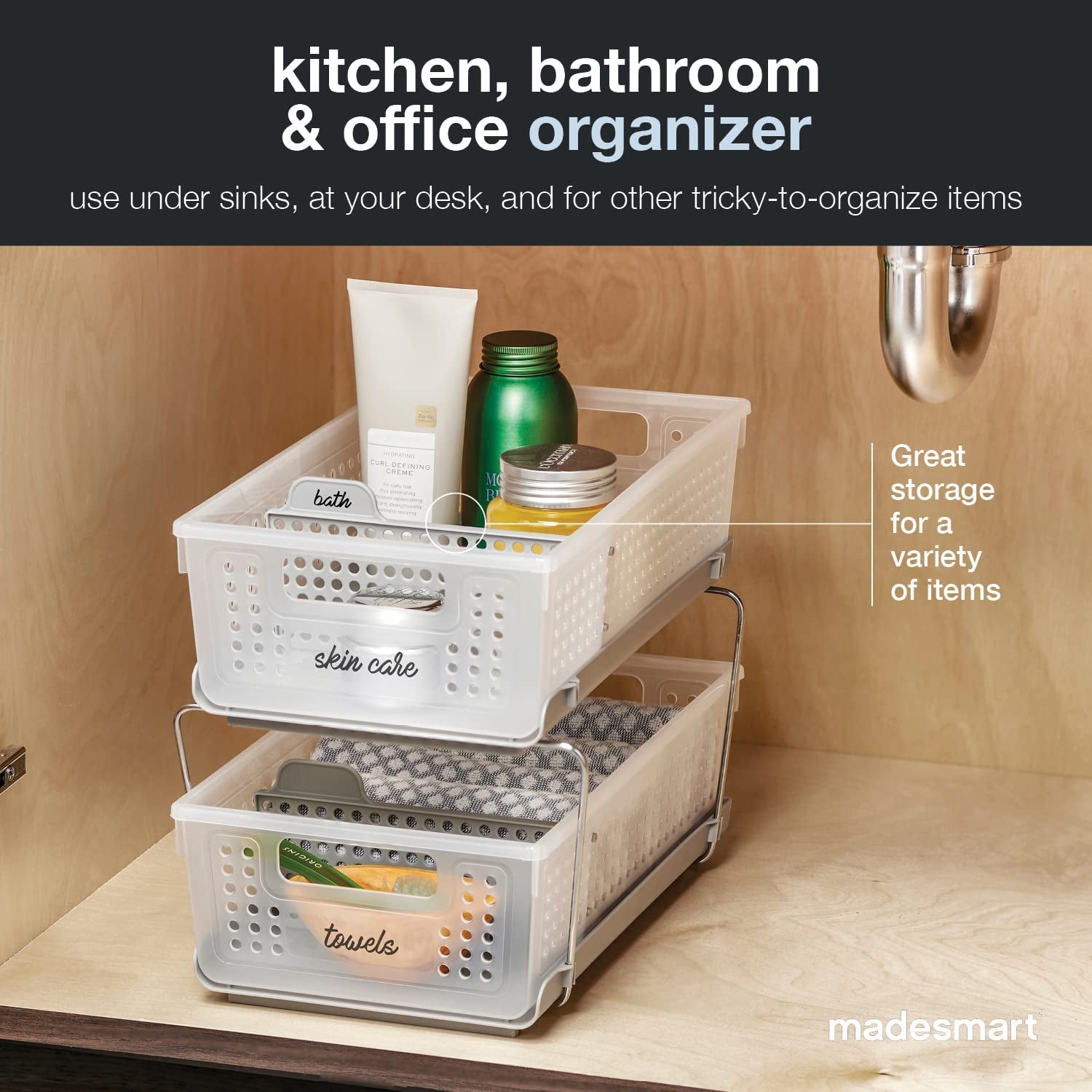 2-Tier Plastic Multipurpose Organizer with Divided Slide-Out Storage Bins, under Sink and Cabinet Organizer Rack, Frost