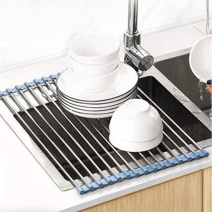 Over the Sink Dish Drying Rack, Roll up Dish Drying Rack Kitchen Dish Rack Stainless Steel Sink Drying Rack, Foldable Dish Drainer, Gray