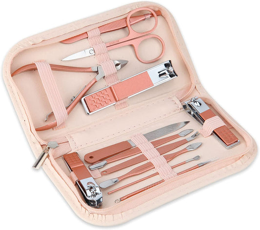 Nail Clippers and Beauty Tool Portable Set, Rose Gold Martensitic Stainless Steel Manicure Set 12 in 1, with Pink Leather Bag, Suitable for Home, Workplace, Outdoor Travel, Gift Giving, Salon.