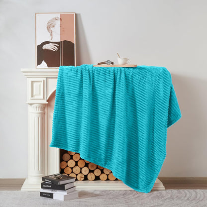 Flannel Fleece Throw Blanket for Couch,Sofa,Bed, 300GSM Striped Teal Blanket Throw for Adults and Kids, Super Soft Warm Cozy Lightweight Ribbed Throw for All-Season