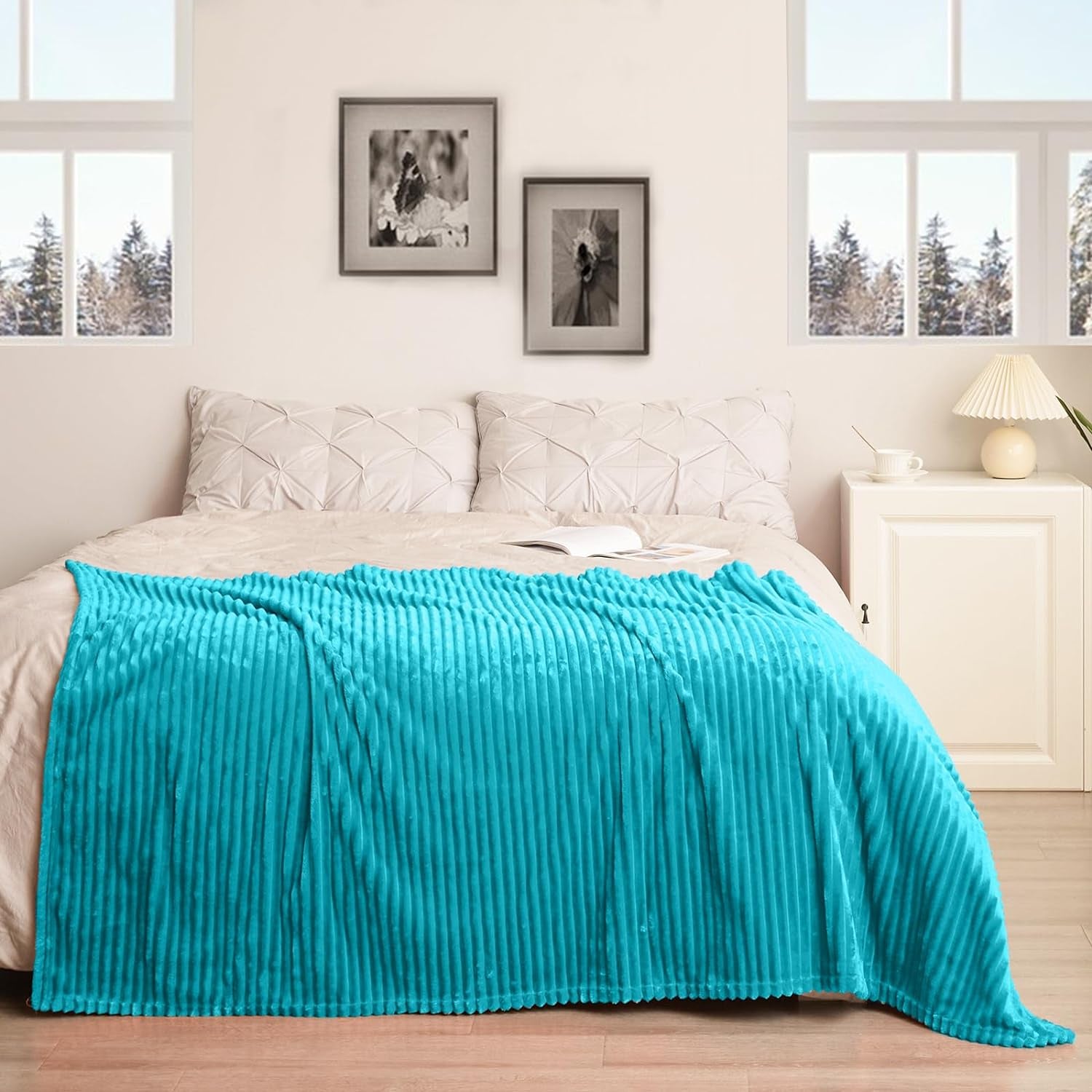 Flannel Fleece Throw Blanket for Couch,Sofa,Bed, 300GSM Striped Teal Blanket Throw for Adults and Kids, Super Soft Warm Cozy Lightweight Ribbed Throw for All-Season