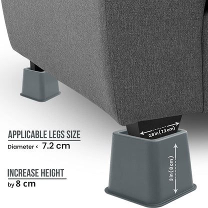 Adjustable Bed Furniture Risers - Elevation in Heights 3, 5 or 8 Inch Heavy Duty Risers for Beds - Supports up to 1,300 Lbs - (Set of 4 Riser, Grey)