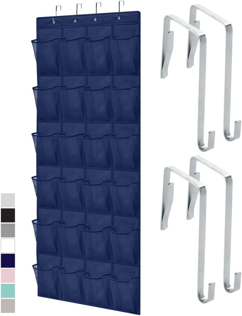 Slip Resistant Breathable Space Saving Mesh Large 24 Pocket Shoe Organizer, up to 40 Pounds, over the Door, Sturdy Closet Storage Rack Hangs on Closets for Shoes, Sneakers, Navy