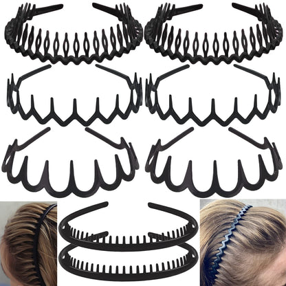 8 PCS Fashion No Slip Effortless Plastic Headbands with Teeth Comb Black Skinny Hair Bands for Women Men Teen Girls, Matte Black