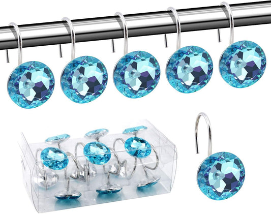 Acrylic Fashion Decorative Home Rolling Light Blue Shower Curtain Hooks Rhinestones Bathroom Bath Baby Room Bedroom Living Room Decor Set of 12 Rings (Light Blue)