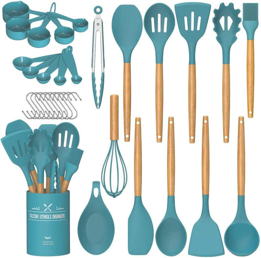 Kitchen Cooking Utensils Set, 33 Pcs Non-Stick Silicone Gadgets Cooking Kitchen Utensils Spatula Set with Holder(Dark Blue)