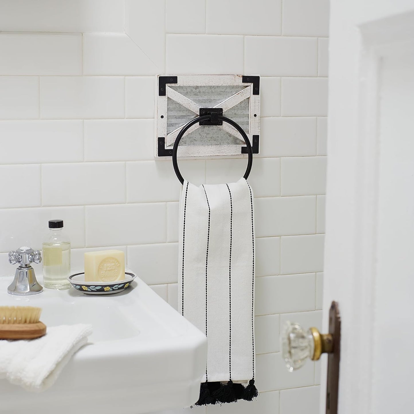 Farmhouse White Hand Towel Holder Ring with Bracket - Rustic Hand Towel Holder - Towel Rings for Bathroom Wall Mounted Decor Mix of Wood, Galvanized Metal & Black Rings, White