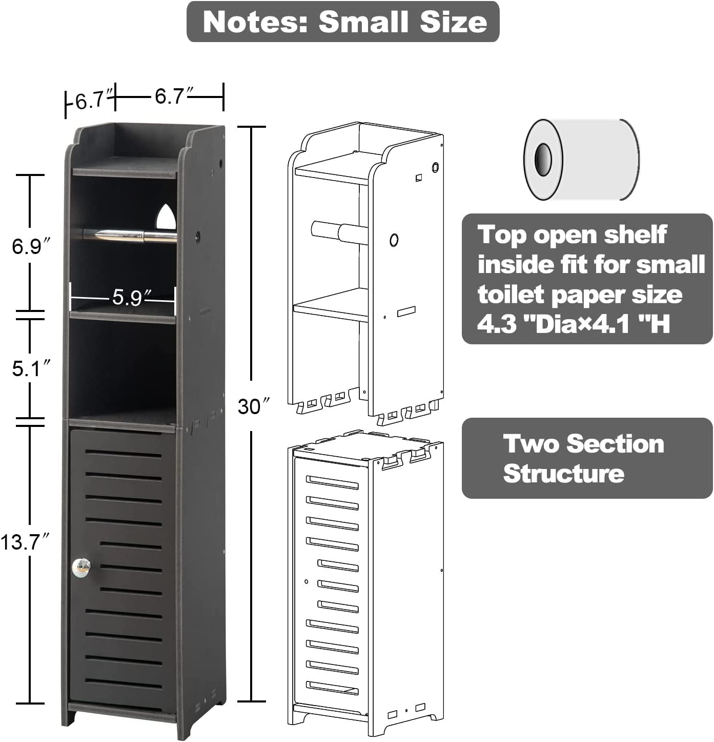 Toilet Paper Holder Stand: Bathroom Storage Cabinet beside Toilet Storage for Small Bathroom with Toilet Roll Holder - Toilet Paper Stand - Black