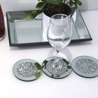 Glass Mirrored Coaster 4 PC, Crushed Diamond round 4" Cup Mat Decor on Tabletop for Bar Tools Dining Table