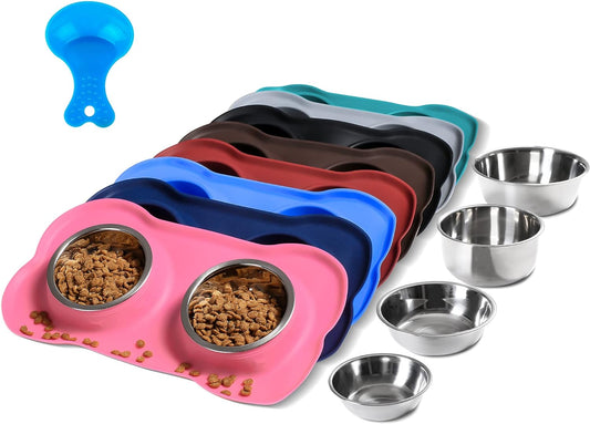 Pet Dog Bowls 2 Stainless Steel Dog Bowl with No Spill Non-Skid Silicone Mat + Pet Food Scoop Water and Food Feeder Bowls for Feeding Small Medium Large Dogs Cats Puppies (S, Pink)