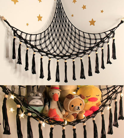 Stuffed Animal Net or Hammock - Hanging Stuffed Animal Hammock Storage - Toy Hammock Holder Boho Wall Corner Hammock Organizer Inc LED Light and Hooks, Black