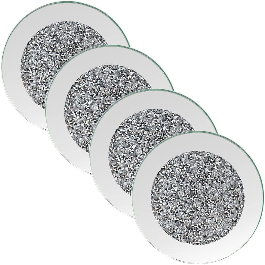 Glass Mirrored Coaster 4 PC, Crushed Diamond round 4" Cup Mat Decor on Tabletop for Bar Tools Dining Table