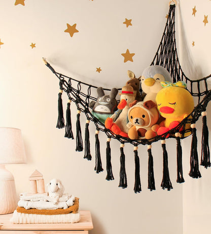 Stuffed Animal Net or Hammock - Hanging Stuffed Animal Hammock Storage - Toy Hammock Holder Boho Wall Corner Hammock Organizer Inc LED Light and Hooks, Black