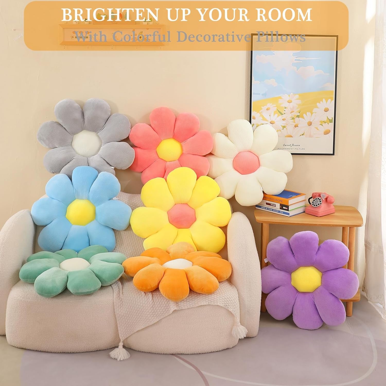 Flower Pillow, Daisy Pillow Flower Shaped Pillow Floor Pillow Flower Plush Pillow Cute Decorative Pillows Floor Cushions Flower Seat Cushion for Bedroom Sofa Chair(Grey, 15.75")