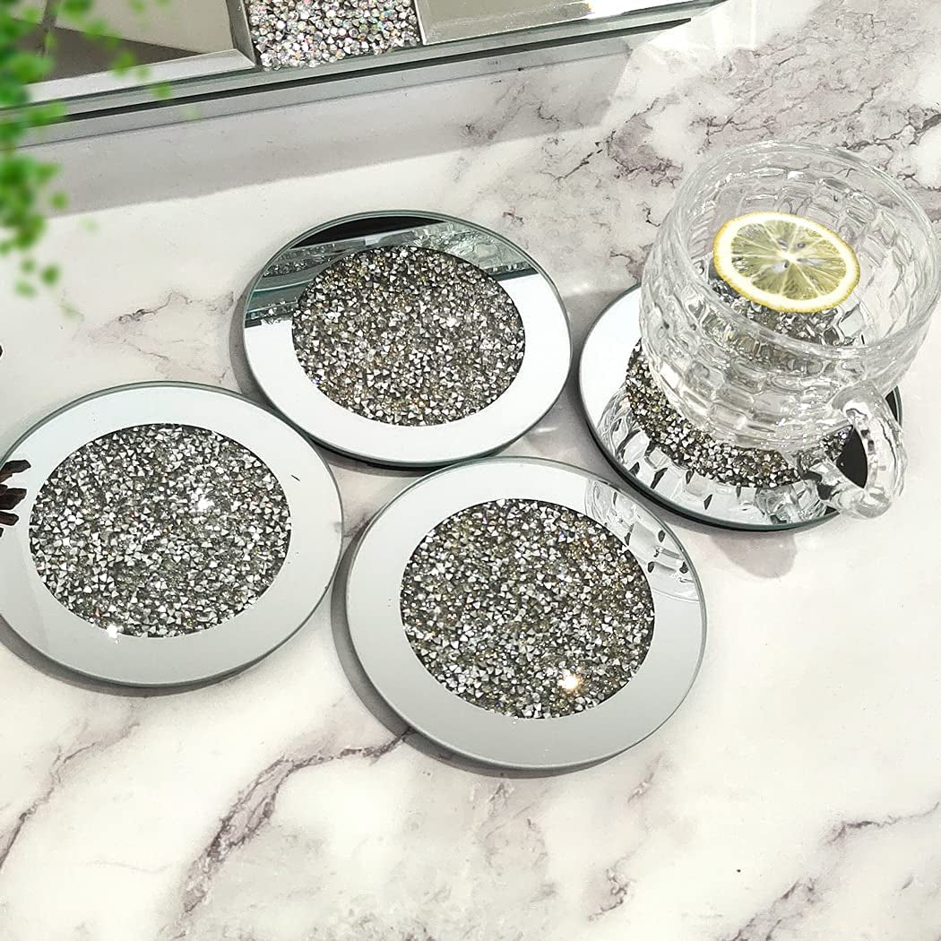 Glass Mirrored Coaster 4 PC, Crushed Diamond round 4" Cup Mat Decor on Tabletop for Bar Tools Dining Table