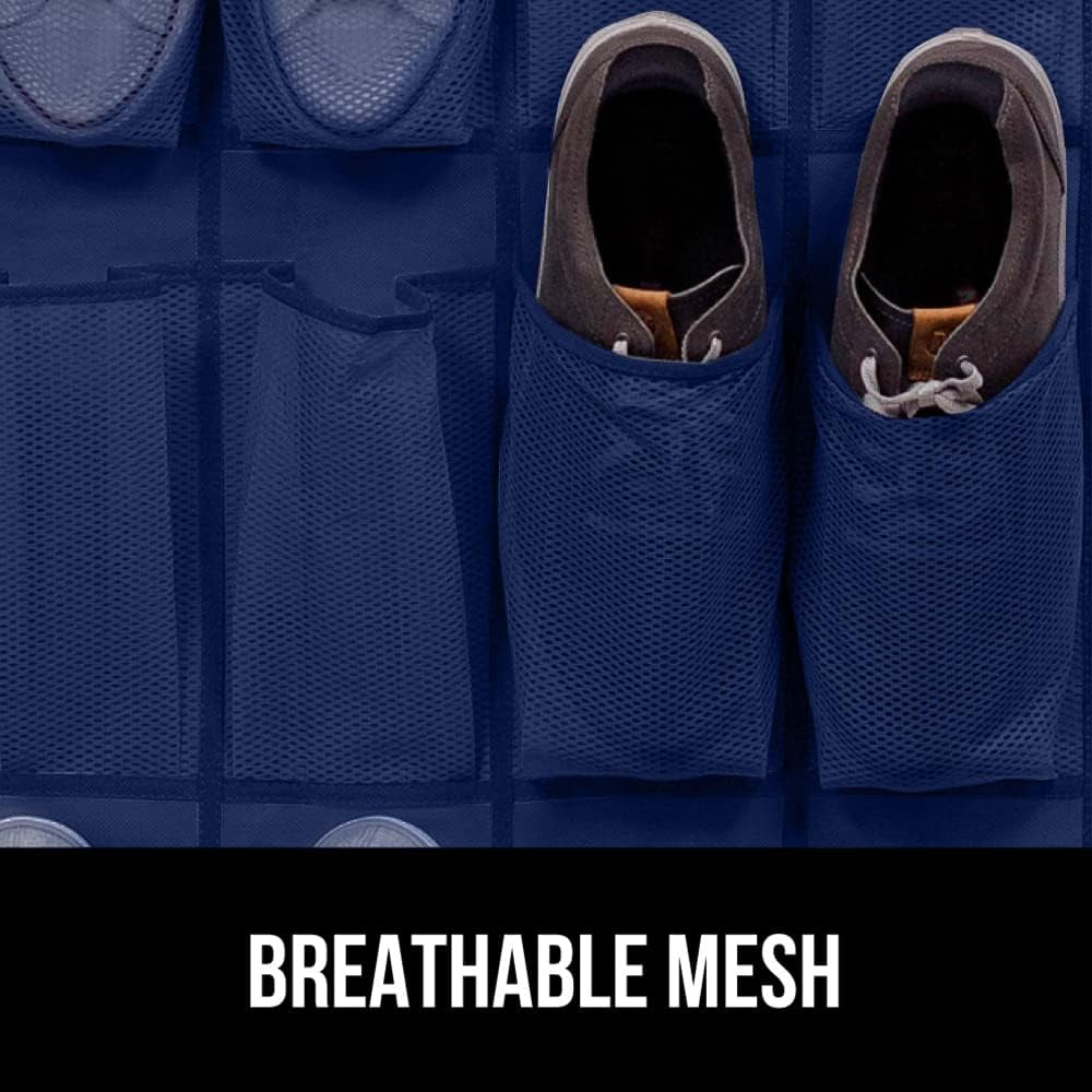 Slip Resistant Breathable Space Saving Mesh Large 24 Pocket Shoe Organizer, up to 40 Pounds, over the Door, Sturdy Closet Storage Rack Hangs on Closets for Shoes, Sneakers, Navy