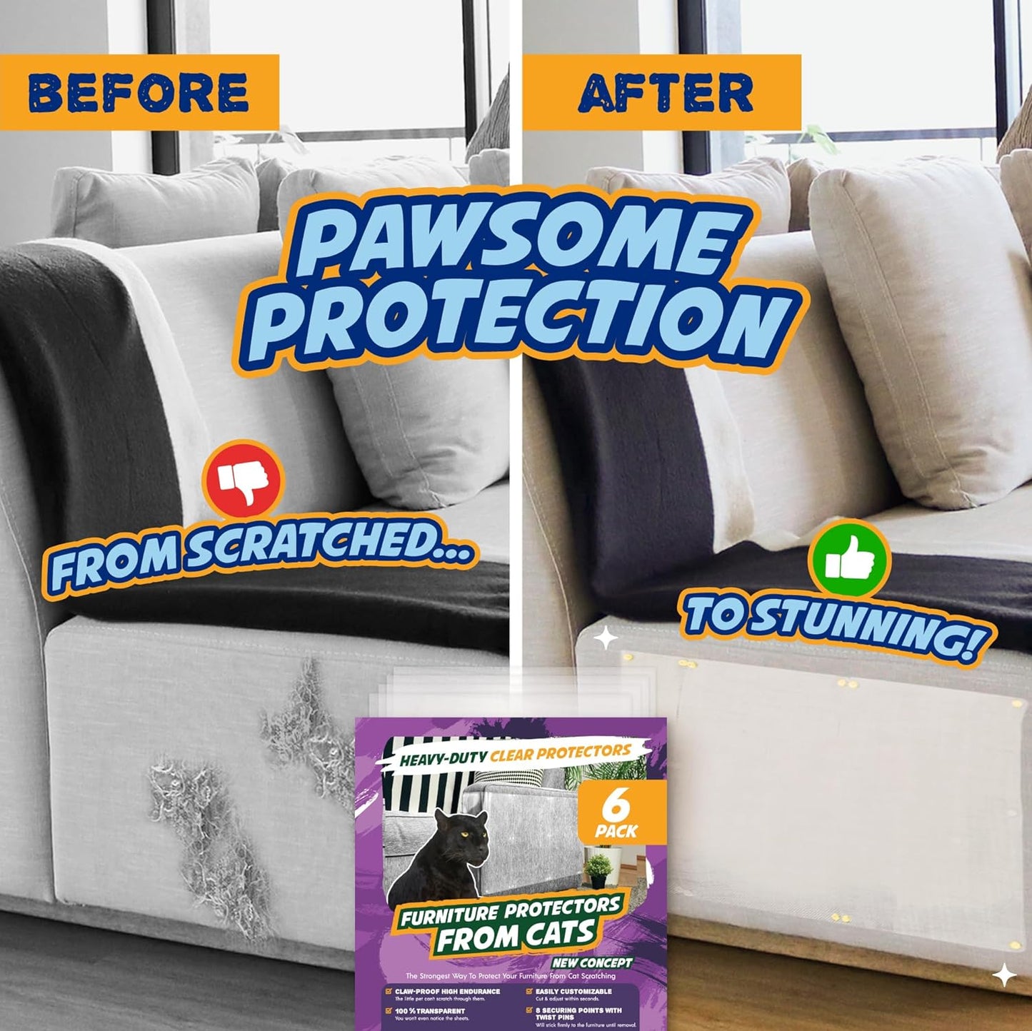 anti Scratch Furniture Protector, Starter 6-Packs, Couch Guards from Cat Claws, Indoor Use, 100% Transparent, Stop Cats from Scratching Furniture