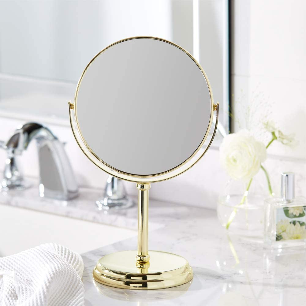 Tabletop Mount Vanity round Mirror, 1X/5X Magnification, Iron, 7.2"L X 4.92"W, Gold