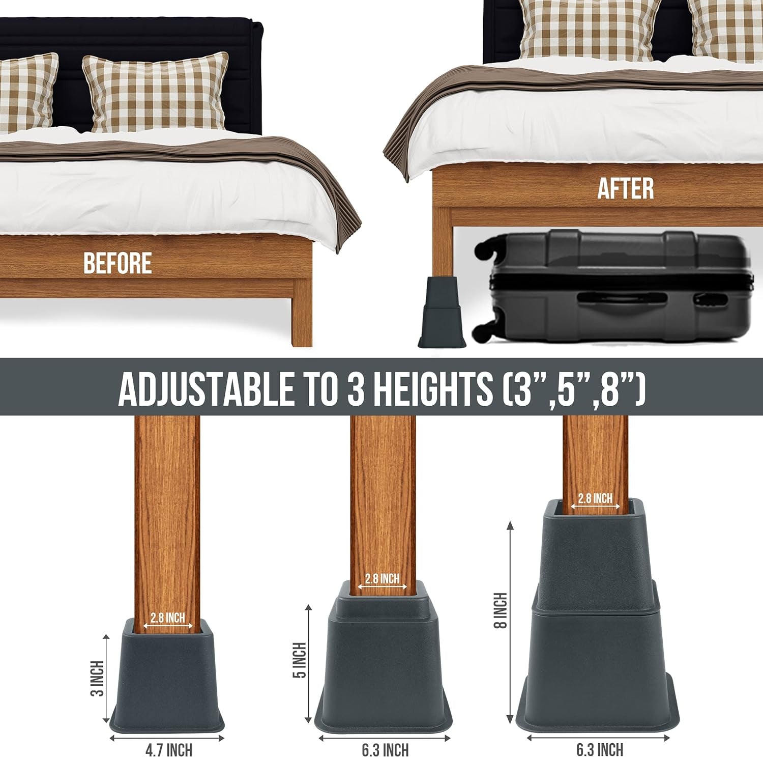 Adjustable Bed Furniture Risers - Elevation in Heights 3, 5 or 8 Inch Heavy Duty Risers for Beds - Supports up to 1,300 Lbs - (Set of 4 Riser, Grey)