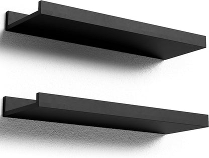 Floating Shelves Wall Mounted Set of 2, Modern Black Wall Shelves for Storage with Lip, Display Picture Ledge Shelf for Wall Decor Bedroom Living Room Bathroom Kitchen