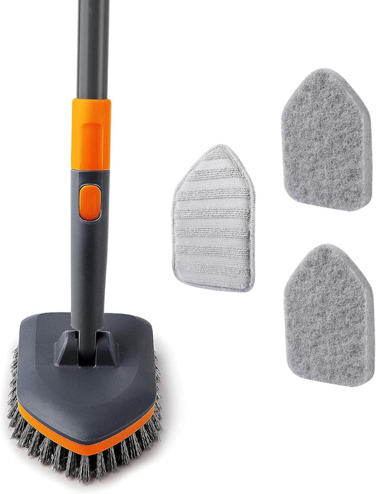 Tile Tub Scrubber Brush with 3 Different Function Cleaning Heads and 56" Extendable Long Handle-No Scratch Shower Scrubber for Cleaning Bathroom Kitchen Toilet Wall,Bathtub,Sink,Grey