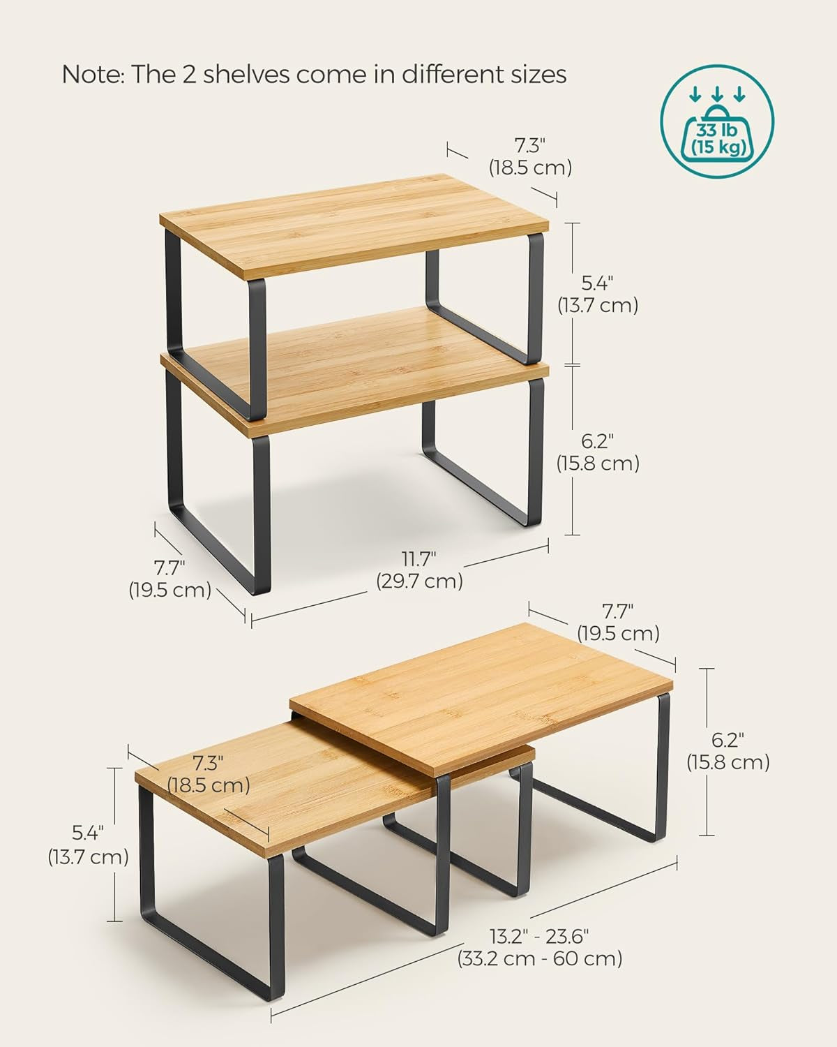 Cabinet Organizer Shelf, Set of 2 Kitchen Counter Shelves, Kitchen Storage, Spice Rack, Stackable, Expandable, Metal and Engineered Wood, Ink Black and Natural Beige UKCS02NB