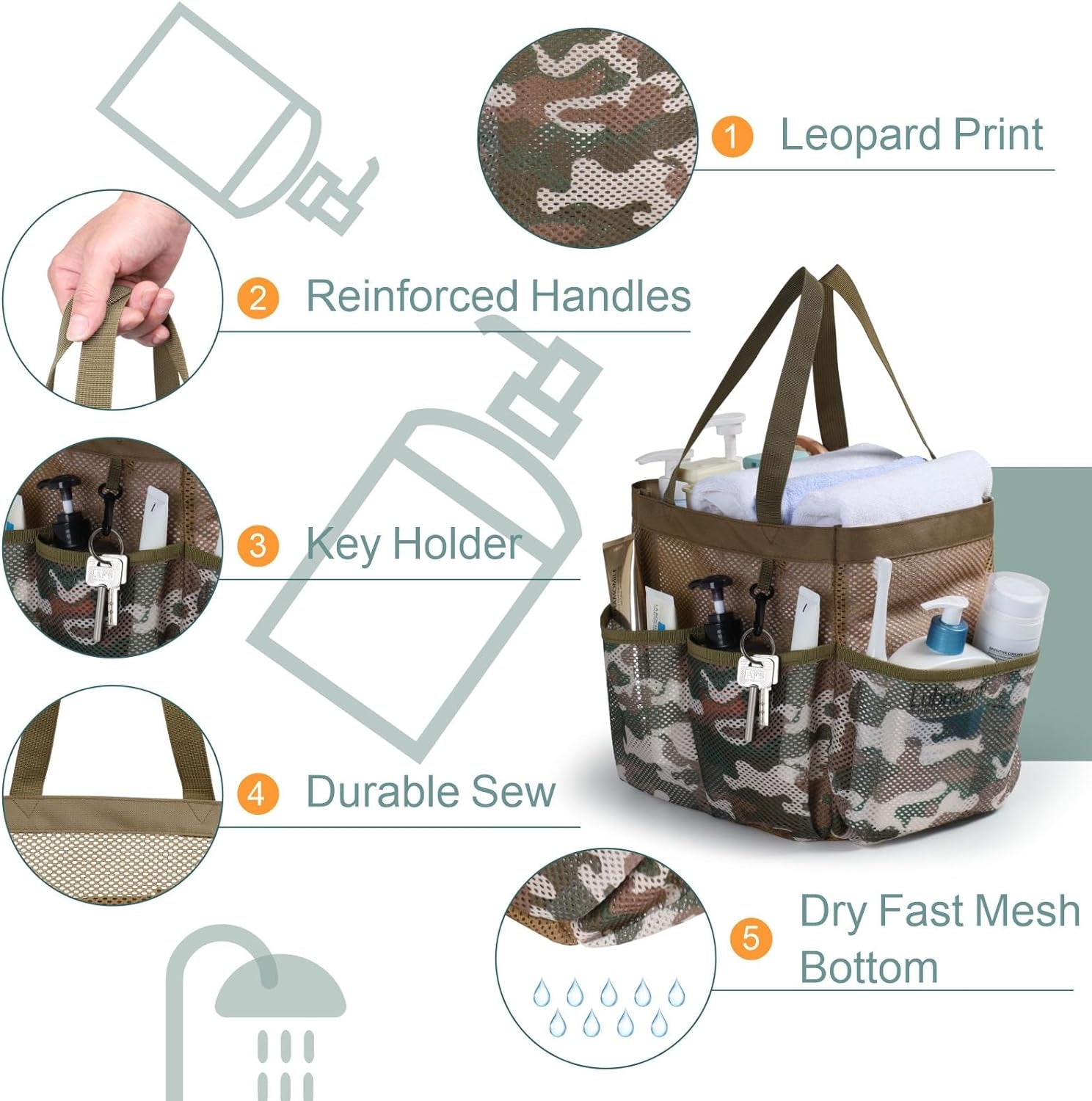 Shower Caddy Portable - Mesh Shower Caddy Bag Basket Tote for College Dorm Room Essentials Bathroom Gym Camp Quick Dry Shower Bags for Women Men with S Hook, Brown Camouflage