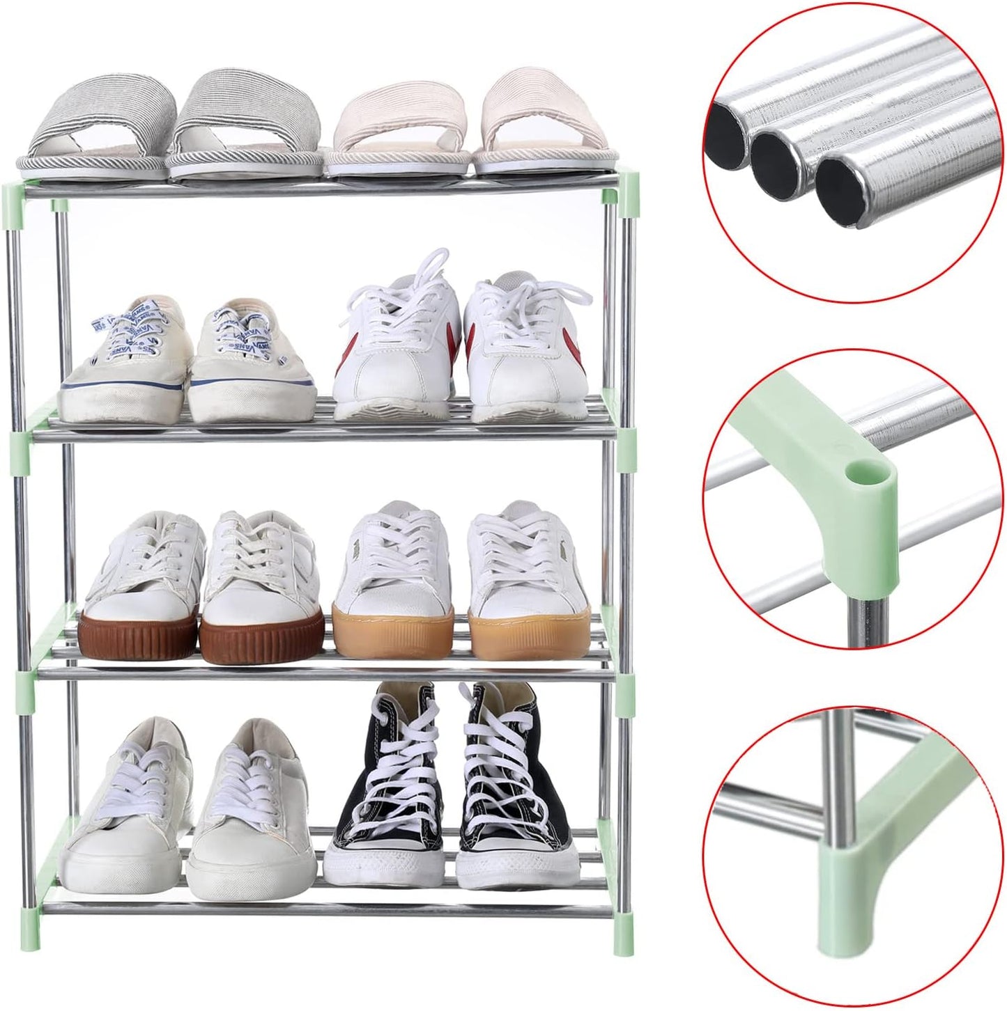 Stackable Small Shoe Rack, Entryway, Hallway and Closet Space Saving Storage and Organization (4-Tier, Green)