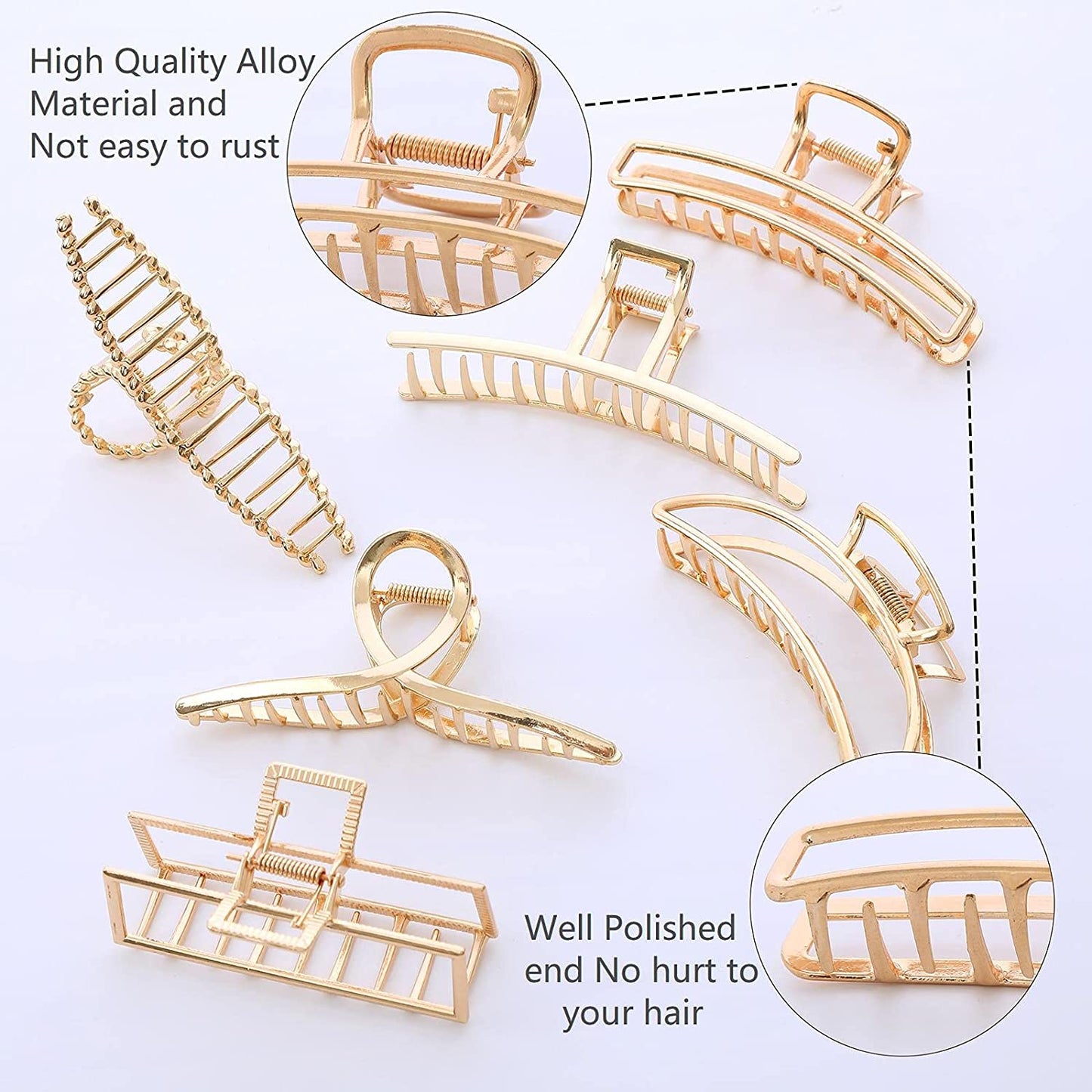 6 Pack Large Metal Hair Claw Clips - 4 Inch Big Gold Hair Clips,Perfect Jaw Hair Clamps for Women and Thinner,Thick Hair Styling,Strong Hold Hair,Fashion Hair Accessories (Style 1)