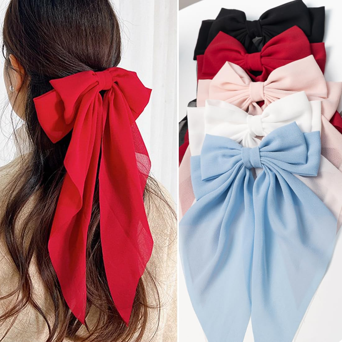 Hair Bows 5 PCS Hair Ribbon Hair Bows for Women Girls,Big Bows Hair Clips,Bow-Knot Hair Clips for Women Thick Hair & Thin Hair,Nonslip Bows Claw Clips for Women, Bow Clips for Women,Bow Clips