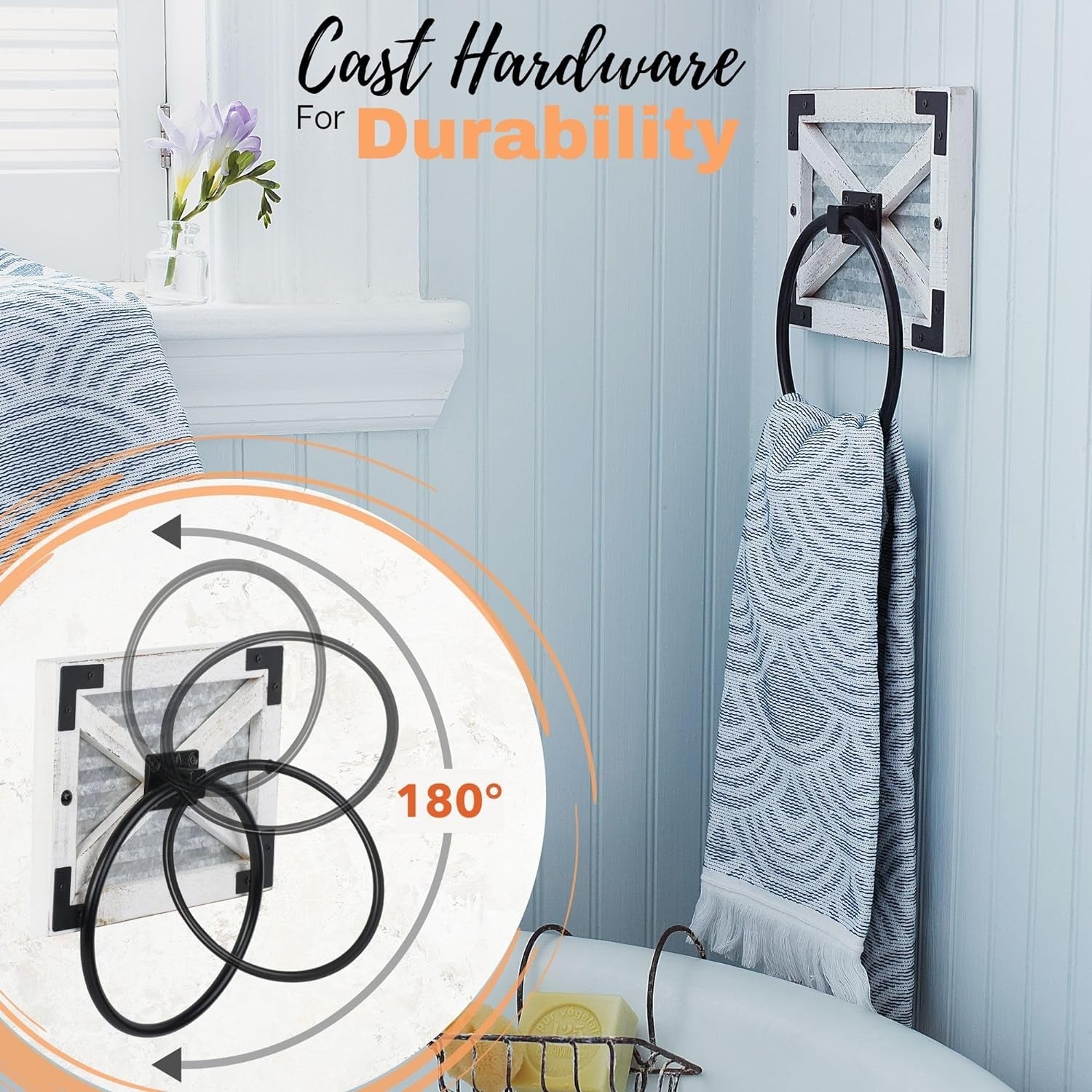 Farmhouse White Hand Towel Holder Ring with Bracket - Rustic Hand Towel Holder - Towel Rings for Bathroom Wall Mounted Decor Mix of Wood, Galvanized Metal & Black Rings, White