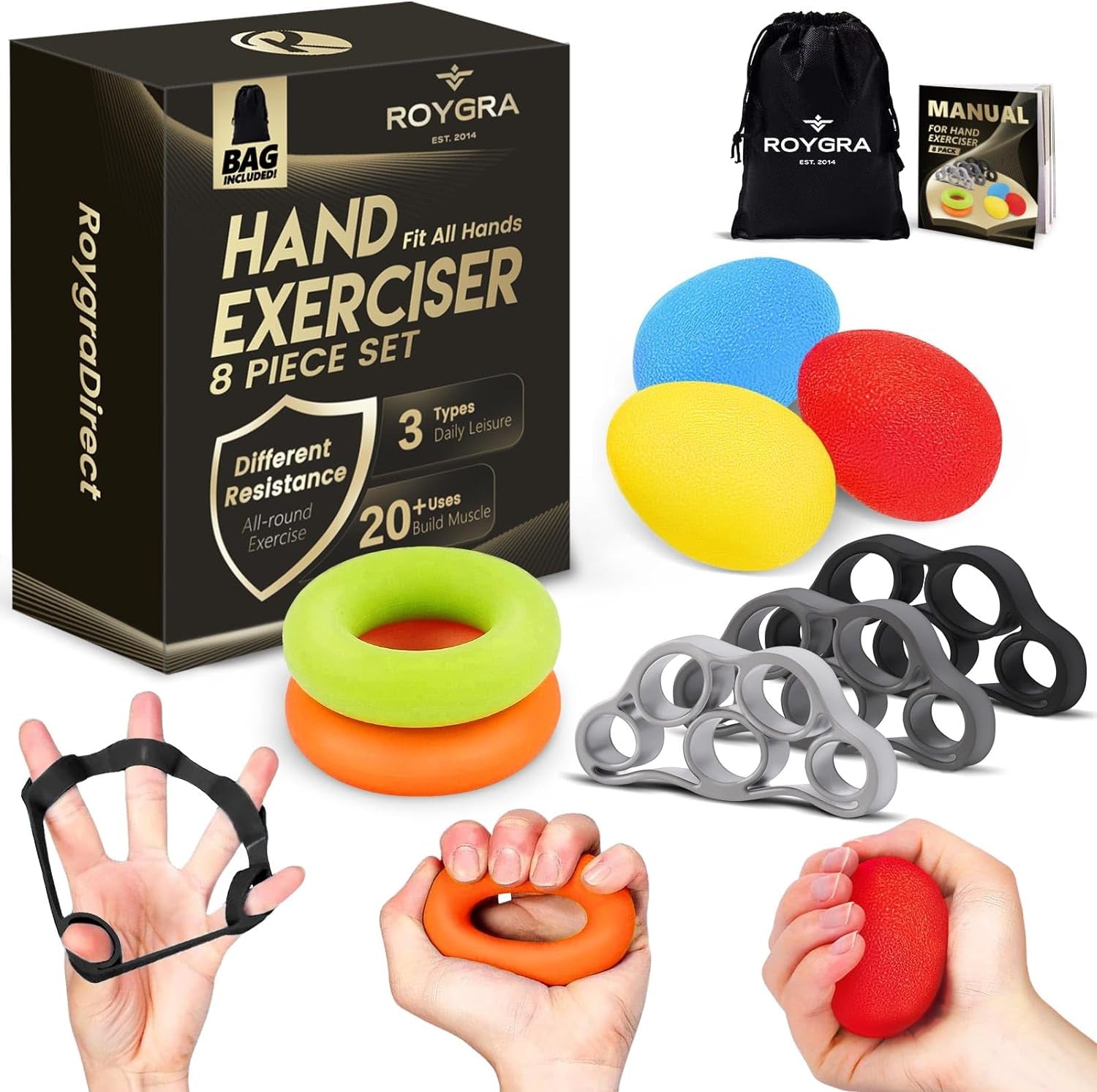 Hand Grip Strengthener, Finger Exerciser, Multiple Resistance Levels Kit - 3 Types, Set of 8