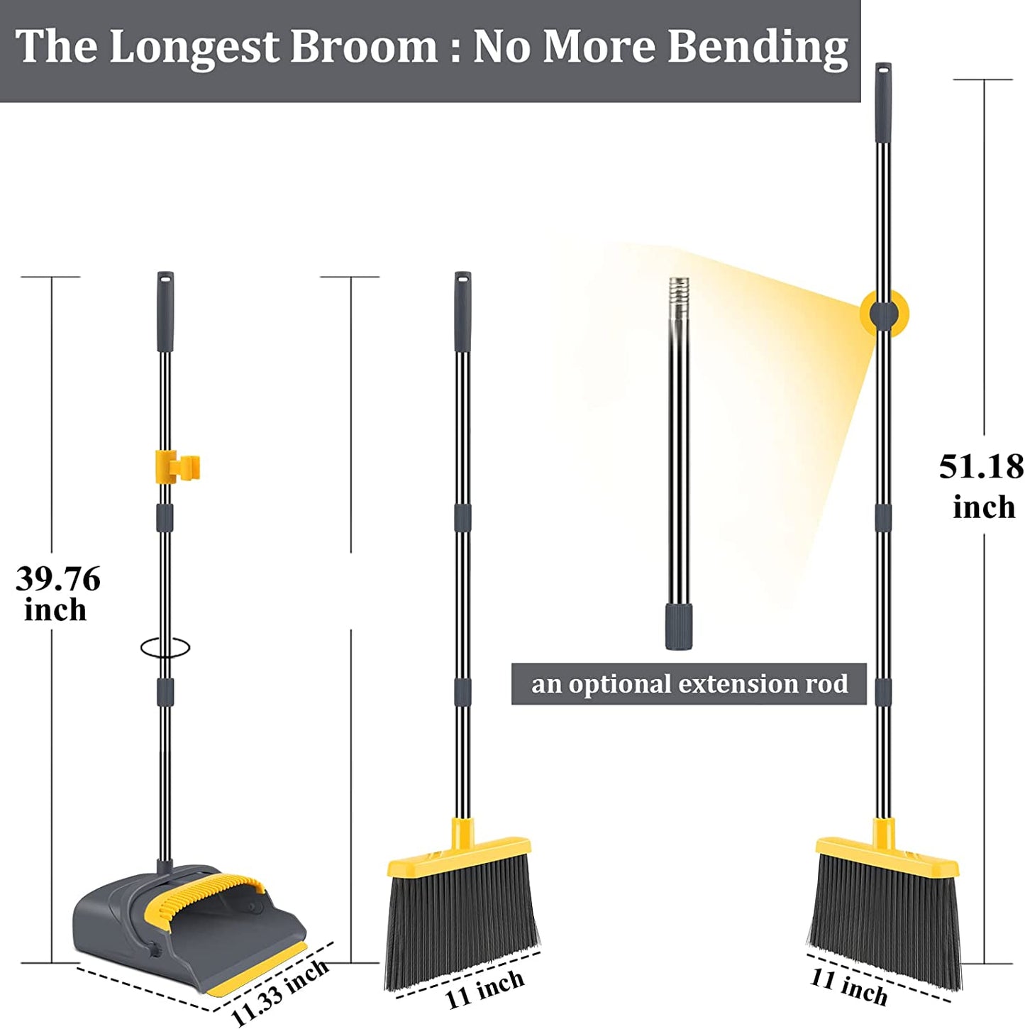 Broom and Dustpan Set for Home，Broom and Dustpan Set, Broom Dustpan Set, Broom and Dustpan Combo for Office, Indoor&Outdoor Sweeping, Stand up Broom and Dustpan (Gray&Yellow)